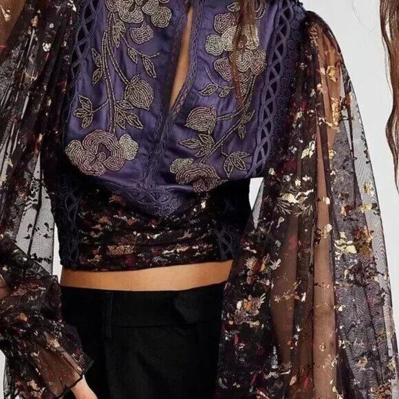 071 Free People Camille Embellished Beaded Foil Statement Top Blouse - Picture 2 of 14